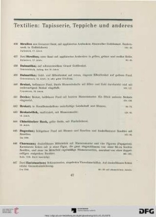 Textilien: Tapisserie, Teppiche und anderes (Nr. 436-479)