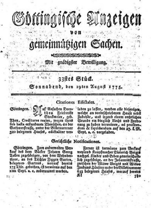 33stes Stück. Sonnabend, den 19ten August 1775.