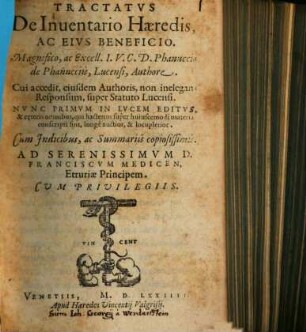Tractatvs De Inuentario Hæredis, Ac Eivs Beneficio