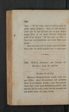 XII. Bruehen (Saucen) mit Angabe der Speisen, wozu sie gehoeren.