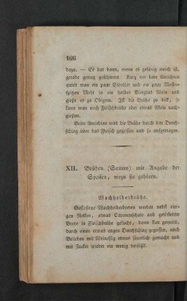 XII. Bruehen (Saucen) mit Angabe der Speisen, wozu sie gehoeren.