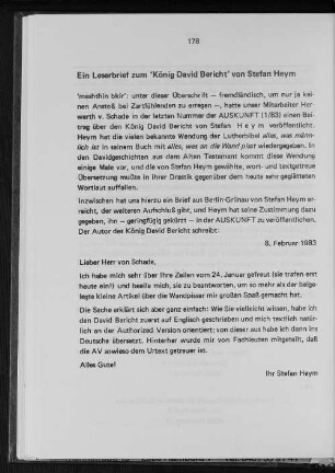 Ein Leserbrief zum 'König David Bericht'