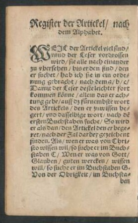 Register der Artickel/ nach dem Alphabet.