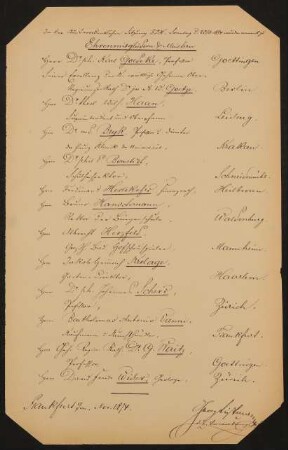 Liste "In der Außerordentlichen Sitzung F.D.H. Sonntag den 25.10.1874 wurden ernannt zu Ehrenmitgliedern & Meistern"