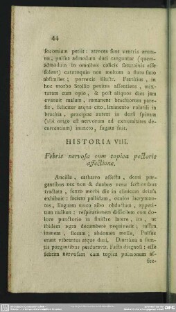 Historia VIII. Febris nervosa cum topica pectoris affectione