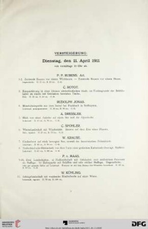 Versteigerung: Dienstag, den 11. April 1911 von vormittags 10 Uhr ab (Nr. 1-83)