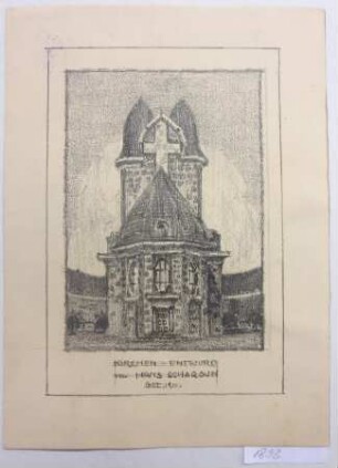 [Kirche mit monumentalem Kreuz als Turmzier]