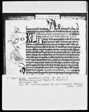 Martyrologium und Regula Sancti Benedicti — KL-Ligatur mit anschließender Ranke als Teilbordüre, Folio 6verso