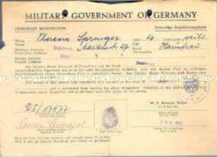 Zeitweiliger Registrierungsschein der britischen Militärregierung (mit Fingerabdruck)