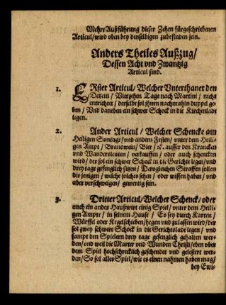 Anders Theiles Außzug/ Dessen Acht und Zwantzig Articul sind.