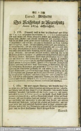 Extract Abschiedts Des Reichstags zu Regenspurg Anno 1654. auffgerichtet