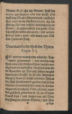 Von mancherley theile der Thiere. Caput VI.
