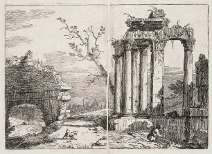 Italienische Idealveduten, VII: Capriccio mit einer römischen Tempelruine und Ruinen eines Kuppelbaus