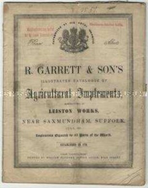 Katalog über landwirtschaftliche Maschinen der Firma R. Garrett and Sons in England