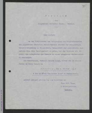 Rundschreiben von Antonie Traun im Namen des Vorstands des ADF an die Vorsitzenden der Ortsgruppen