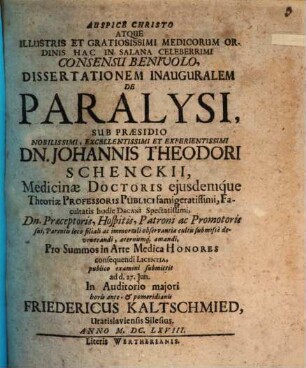 Auspice Christo Atque Illustris Et Gratiosissimi Medicorum Ordinis Hac In Salana Celeberrimi Consensu Benivolo, Dissertationem Inauguralem De Paralysi