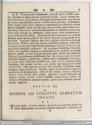 Sectio III. De Homine Ad Coeleste Sabbatum Creato