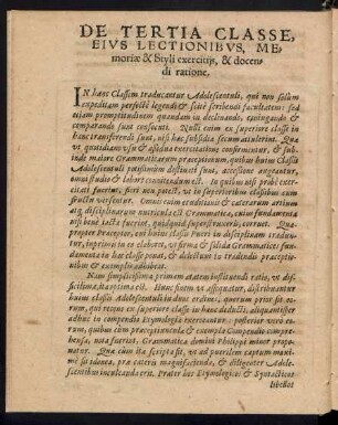 De Tertia Classe, Eius Lectionibus, Memoriae & Styli exercitiis, & docendi ratione.