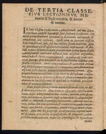 De Tertia Classe, Eius Lectionibus, Memoriae & Styli exercitiis, & docendi ratione.