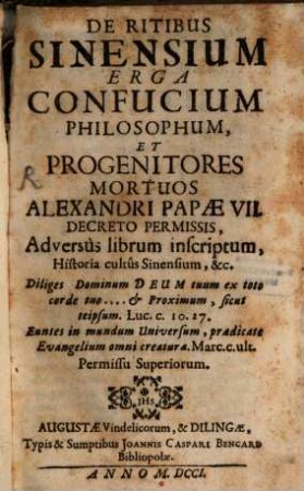 De ritibus Sinensium erga Confucium : adversus librum inscript. Historia cultus Sinensium