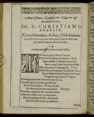 Amplissimo, Consultissimo, [...] Dn. D. Christiano Kegelio,[...]