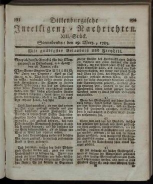 XIII. Stück. Sonnabends: den 29. Merz., 1783.