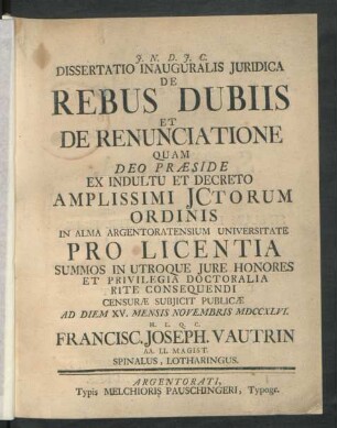 Dissertatio Inauguralis Iuridica De Rebus Dubiis Et De Renunciatione