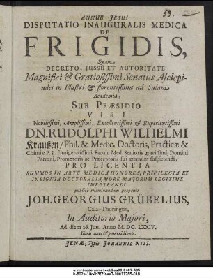 Disputatio Inauguralis Medica De Frigidis