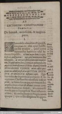 Ad Lectorem Christianum Praefatio, De summa, occasione, & icopo operis