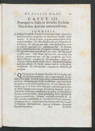 Caput III. Praerogativa Pallii in diversos Ecclesiae Hierarchas derivata commonstratur