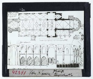 Köln, St. Severin : Grundriss, Längsschnitt, Zeichnungen