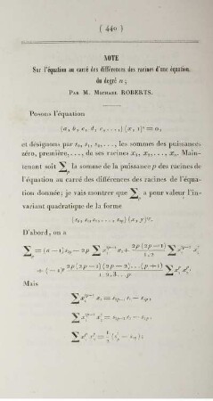 Note sur l'équation au carré des différences des racines d'une équation du degré n.
