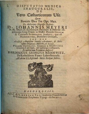 Disputatio Medica Inauguralis, De Vero Catharticorum Usu