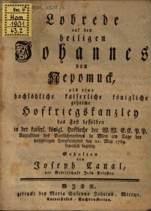 Lobrede auf den H. Johannes von Nepomuck ...