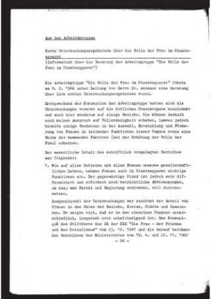 Erste Untersuchungsergebisse über die Rolle der Frau im Staatsapparat : Information über die Beratung der Arbeitsgruppe "Die Rolle der Frau im Staatsapparat"