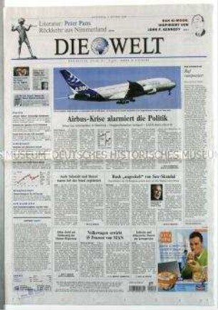 Tageszeitung "Die Welt" u.a. zu den Problemen bei der Airbus-Produktion und den Auswirkungen auf den Arbeitsmarkt