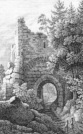 Oybin. Ruine, Stich von Pescheck, Repro