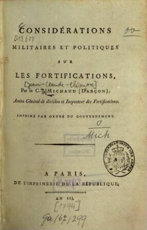 Considérations militaires et politiques sur les fortifications
