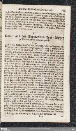 XLI. Extract aus dem Deputations-Tages-Abschied zu Worms, Anno 1564 aufgericht