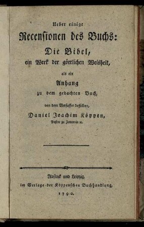 Ueber einige Recensionen des Buchs: Die Bibel, ein Werk der göttlichen Weisheit : als ein Anhang zu dem gedachten Buch