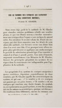 Sur le nombre des coniques qui satisfont a cinq conditions données.