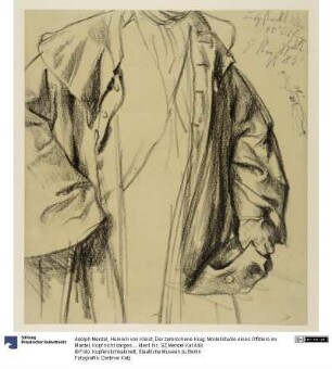 Heinrich von Kleist, Der zerbrochene Krug: Modellstudie eines Offiziers im Mantel, Kopf nicht dargestellt, Halbfigur mit Hut in der Linken und Stock in der Rechten