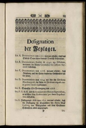 Designation der Beylagen.
