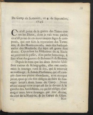 Du Camp de Semonitz, ce 4. de Septembre, 1745