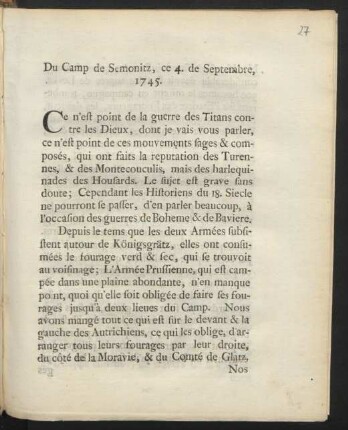 Du Camp de Semonitz, ce 4. de Septembre, 1745
