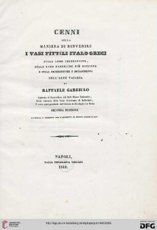 Cenni sulla maniera di rinvenire i vasi fittili Italo-greci, sulla loro costruzione, sulle loro fabbriche piu distinte, e sulla progressione e decadimento dell'arte vasaria