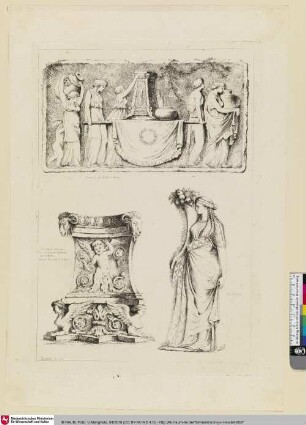 [Relief mit einem Festzug, ein Gruppe von Frauen trägt Vasen und eine Bahre mit einem Podest; Antiker Chandelier mit einem Putto; Weibliche Figurine, ein Füllhorn tragend]