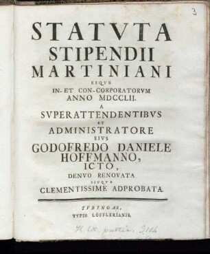Statuta Stipendii Martiniani Eique In-Et Con-Corporatorum Anno MDCCLII
