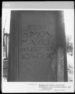 Grabstein von Frau Simon Mayer 3., geborene Levystein (gestorben 1916)