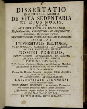 Dissertatio Inauguralis Medica De Vita Sedentaria Et Ejus Noxis